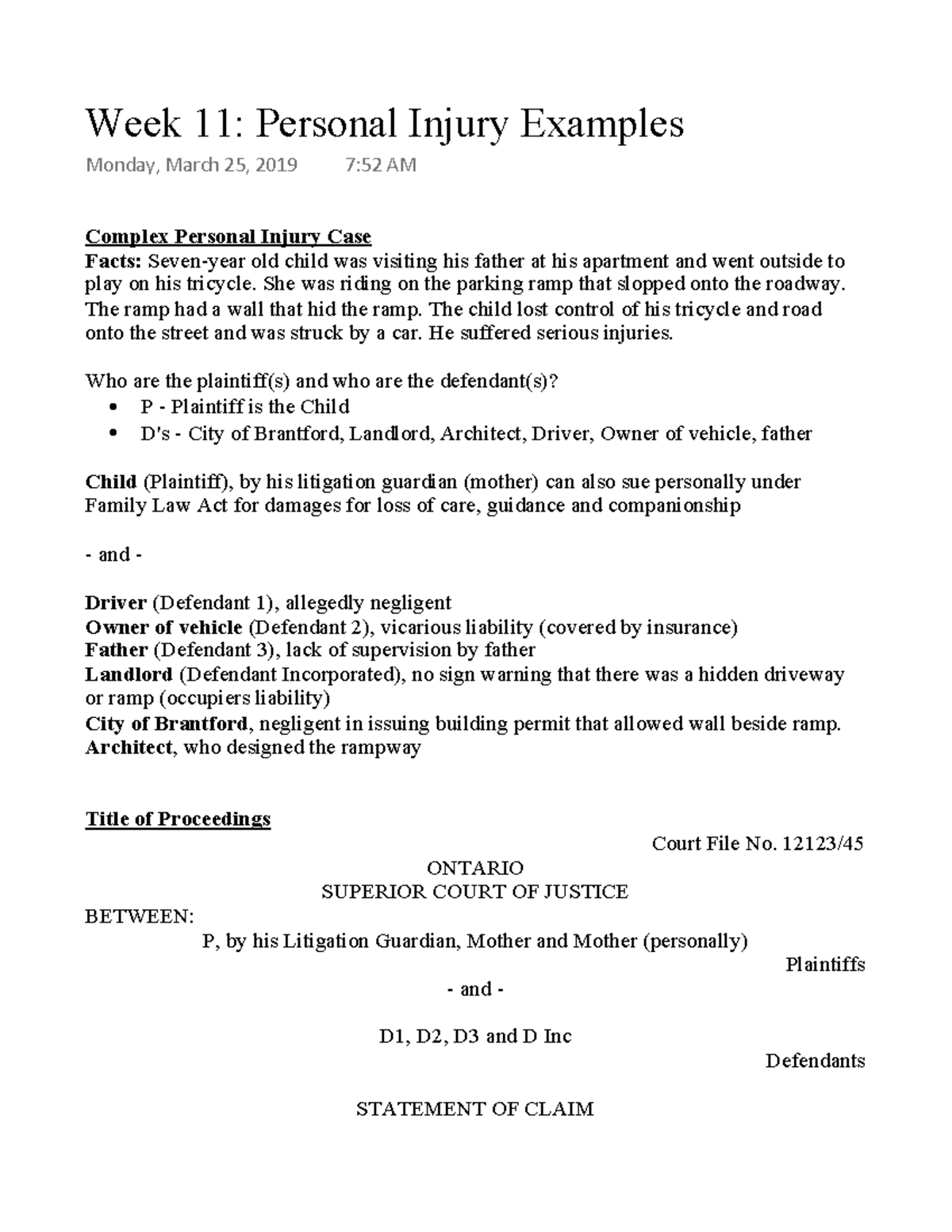 Legal Writing Week 11-Lecture notes - Week 11: Personal Injury Examples ...