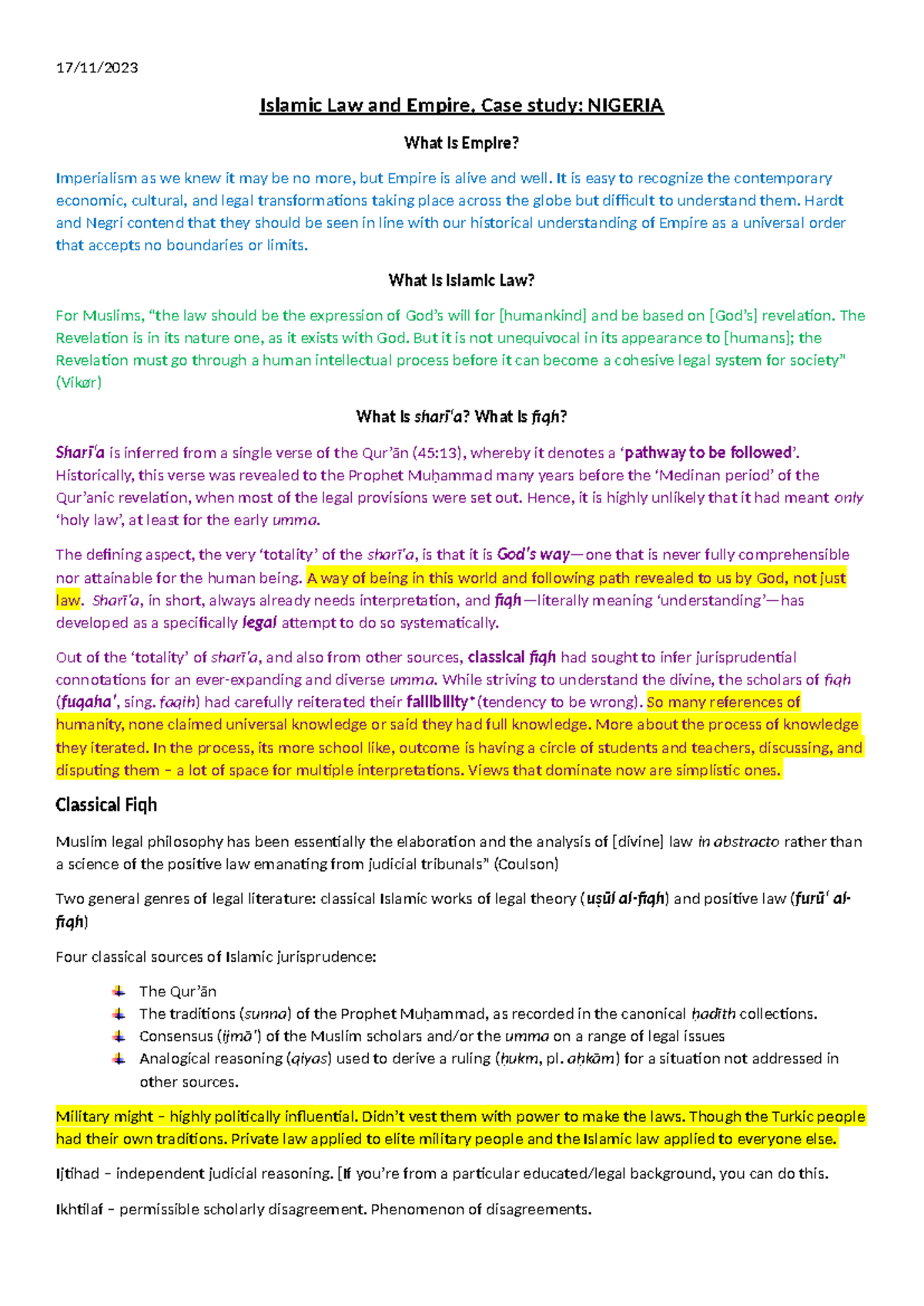 LSAA Lecture notes 4 (Nigeria) - 17/11/ Islamic Law and Empire, Case ...