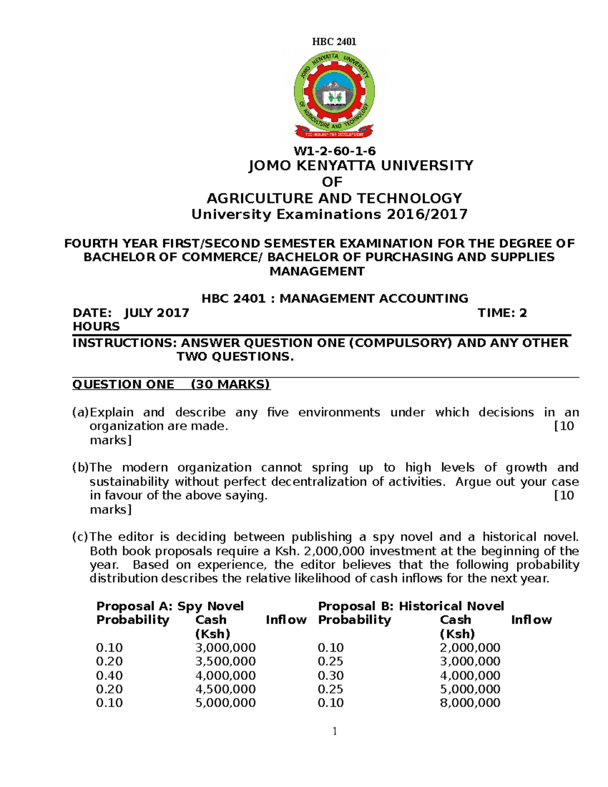HBC 2401 Management Accounting - HBC 2401 W1-2-60-1- JOMO KENYATTA ...