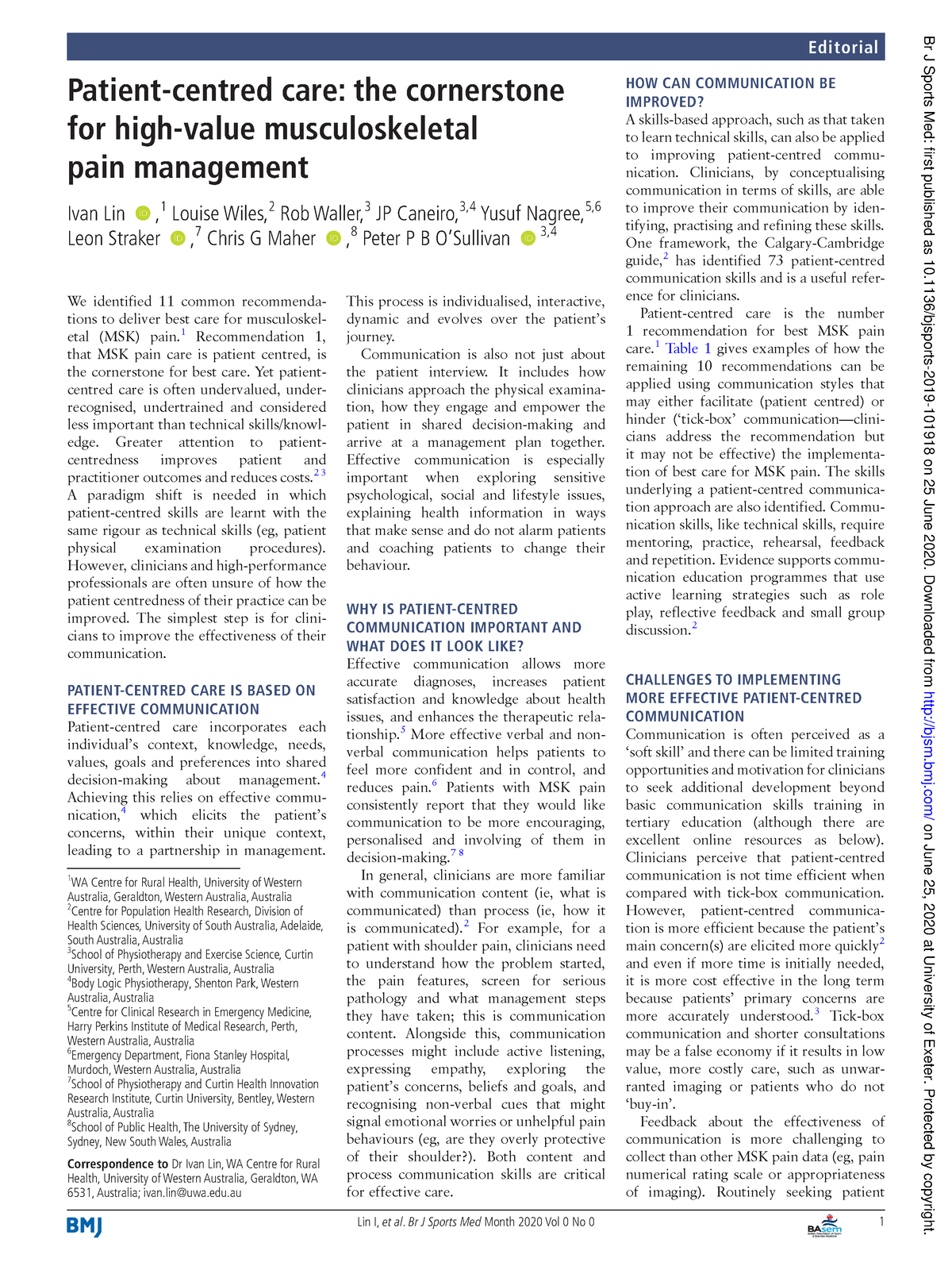 Patient centred care the cornerstone - Lin I, et al. Br J Sports Med ...