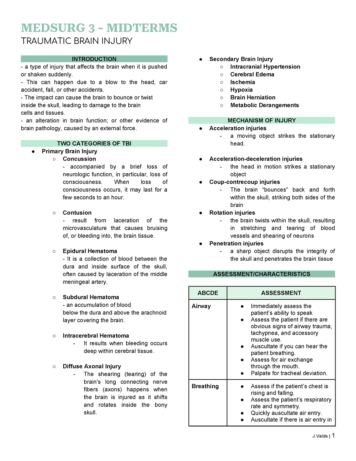 5 TBI - Lecture Notes About Traumatic Brain Injury - MEDSURG 3 ...