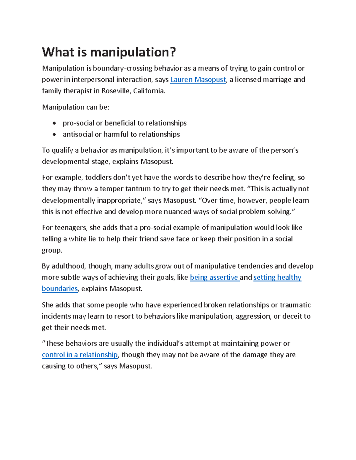 Document 123 Dr. Chang What is manipulation? Manipulation is boundarycrossing behavior as a