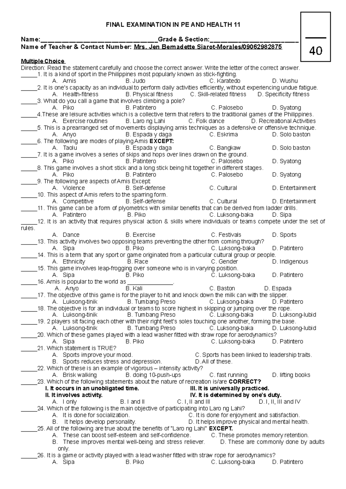 G11 Finals - FINAL EXAMINATION IN PE AND HEALTH 11 Name:________Grade ...