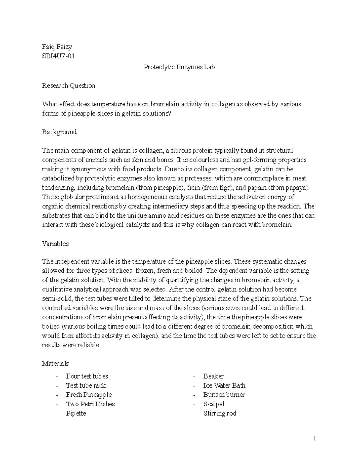 Proteolytic Enzymes Lab Faiq Faizy SBI4U7 Proteolytic Enzymes Lab