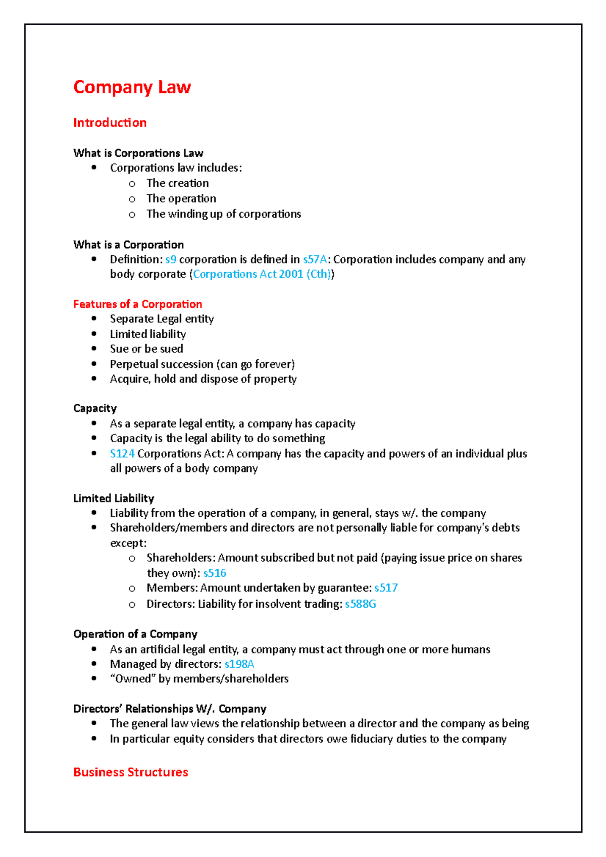 Company Law Week 1-6 Revision Notes ... - CLAW1003 - USyd - Studocu