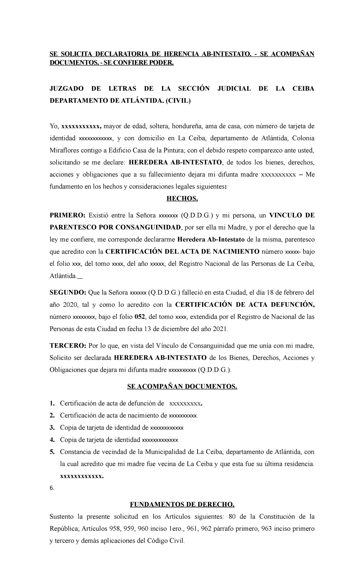 Solicitud DE Herencia AB Intestato Thaslia - Derecho Civil - UNICAH ...