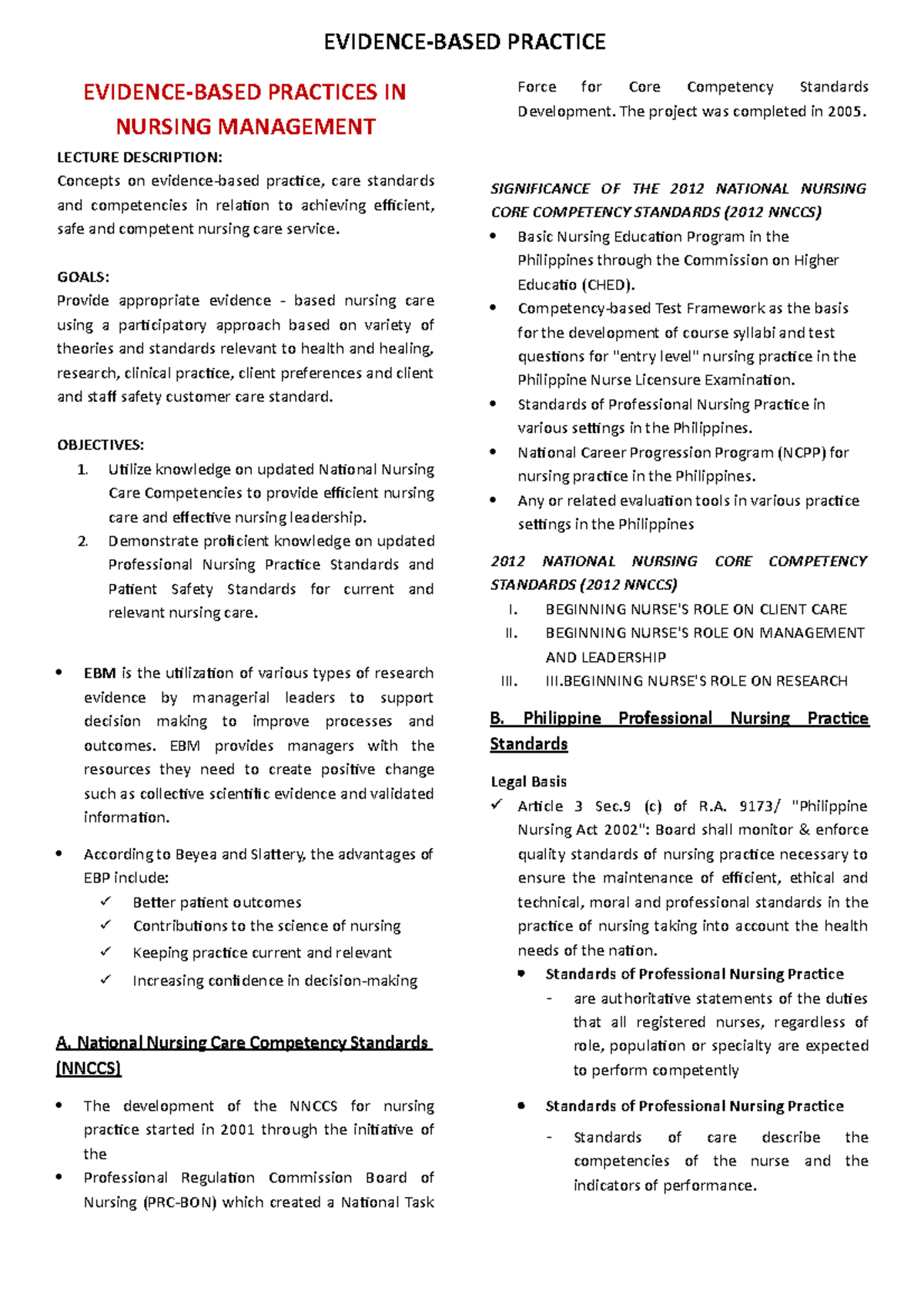 Evidence- Based- Practice- leadership and mangement notes - EVIDENCE ...