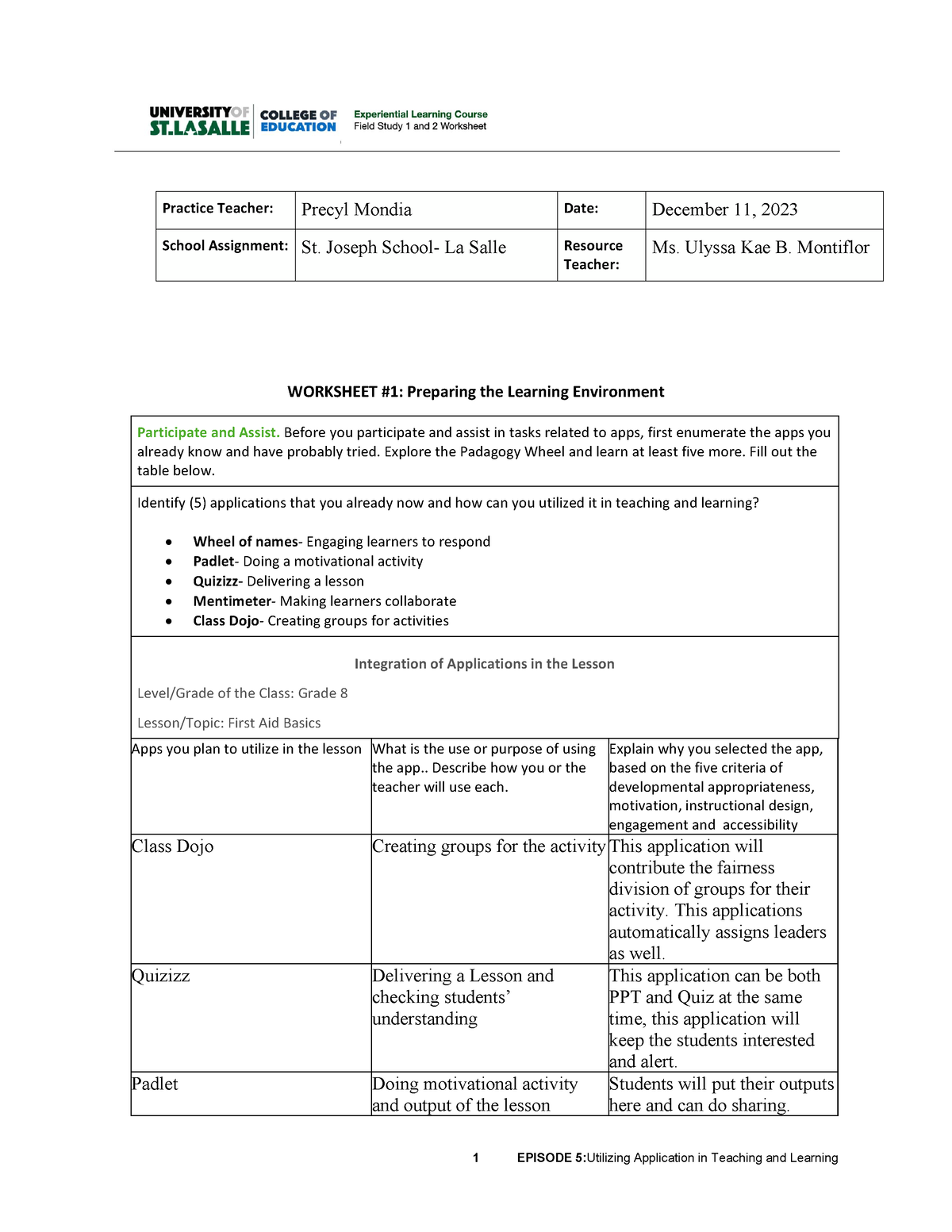 FS2 Worksheet 5 - JJJAKNLKNASLKAS - 1 EPISODE 5:Utilizing Application ...