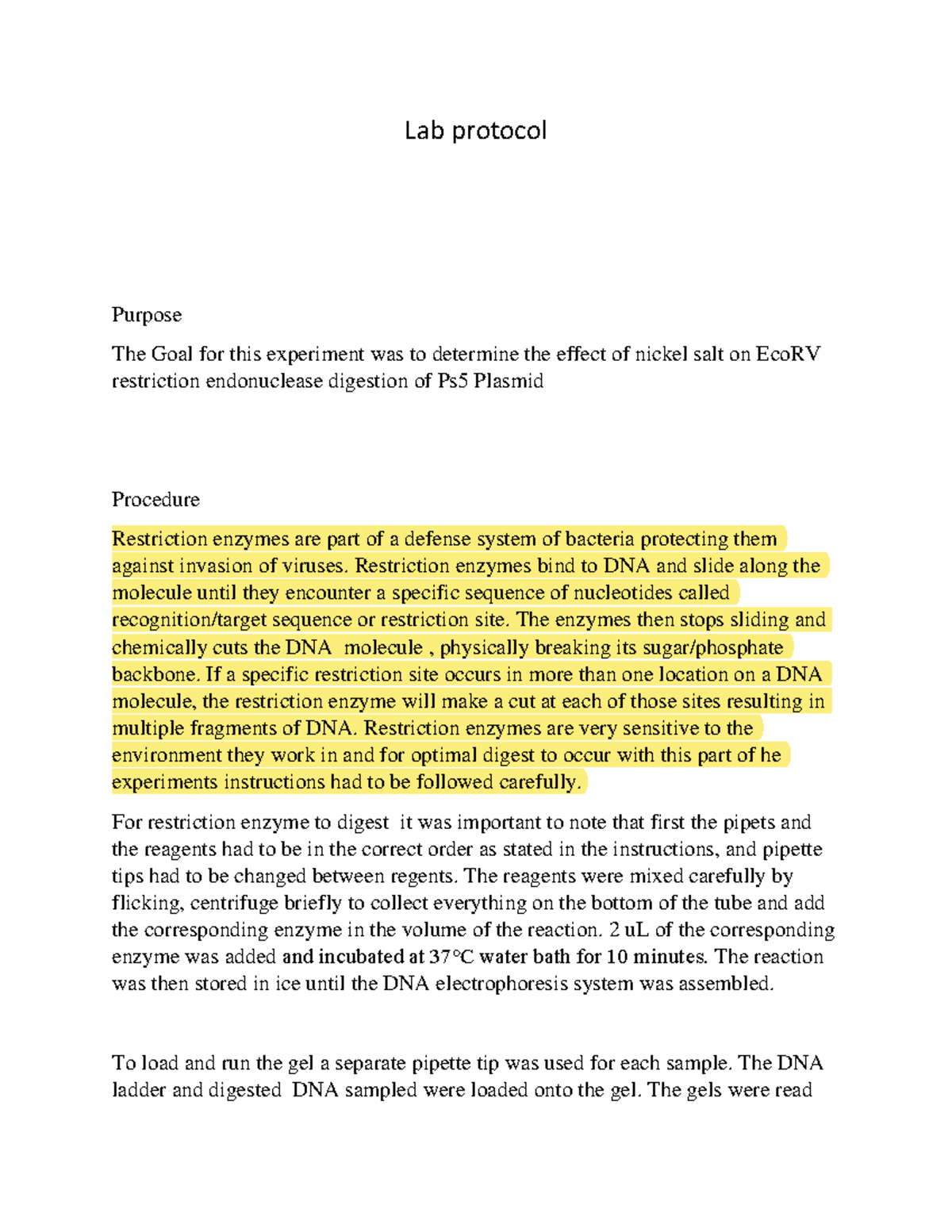Lab protocol - lab - Lab protocol Purpose The Goal for this experiment ...