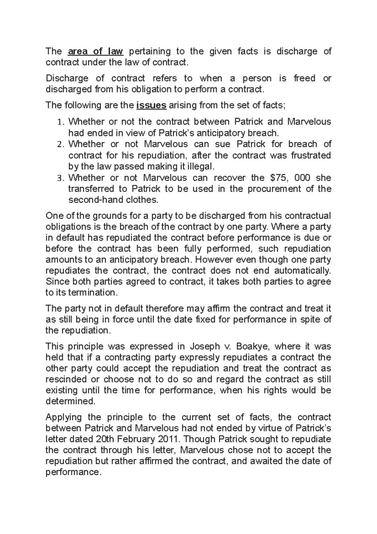 Contract Law assignment 5-CLSR - The area of law pertaining to the ...