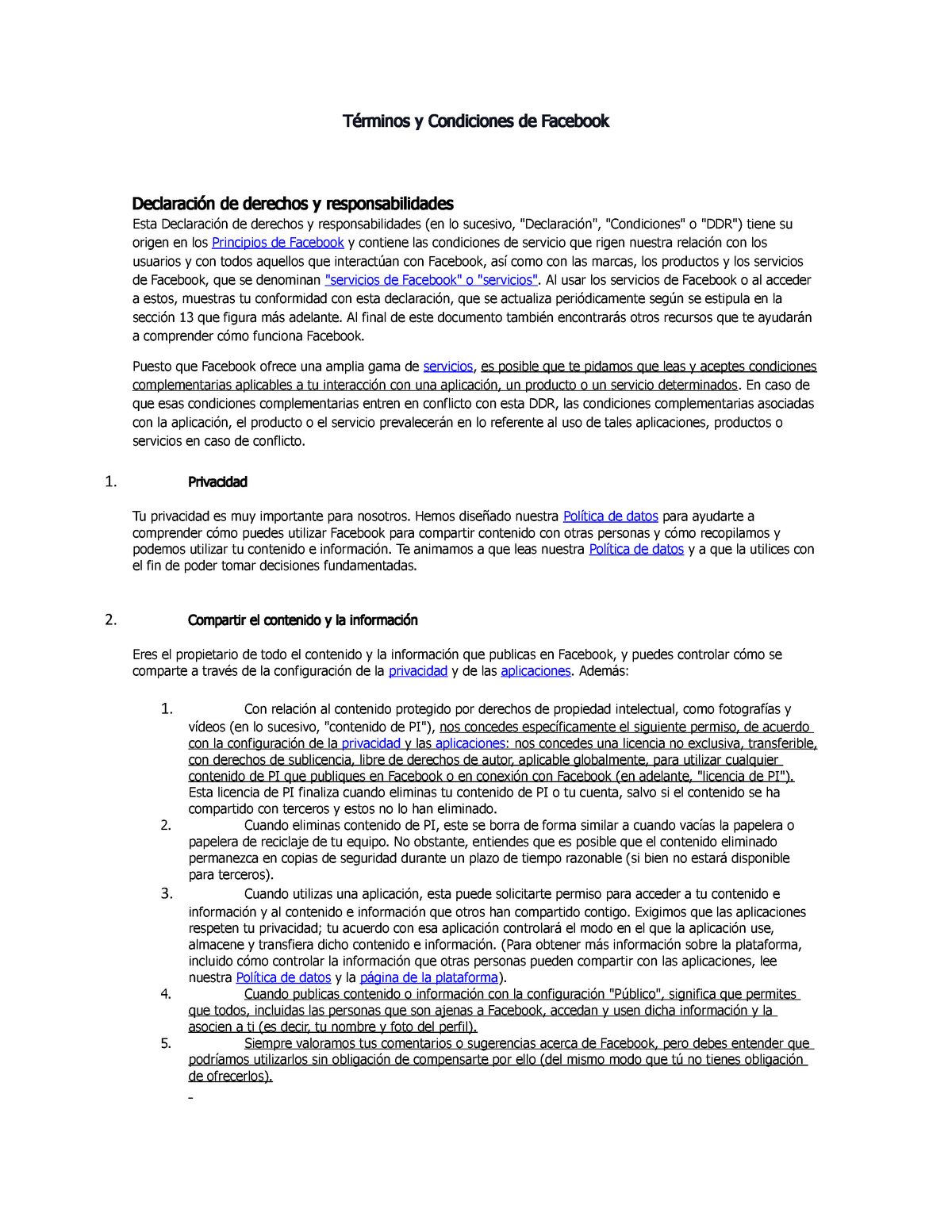 Términos Y Condiciones De Facebook Términos Y Condiciones De Facebook Declaración De Derechos 1876