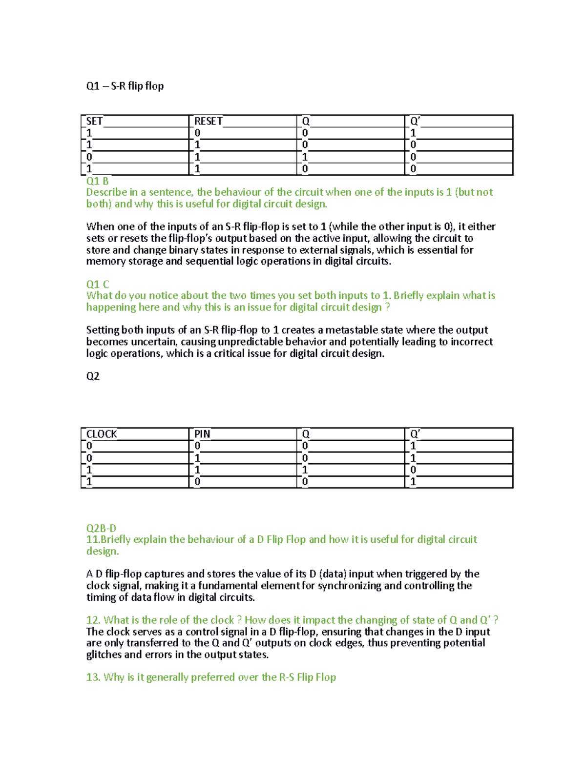 Logism Lab 3 - Q1 – S-R flip flop SET RESET Q Q’ 1 0 0 1 1 1 0 0 0 1 1 ...