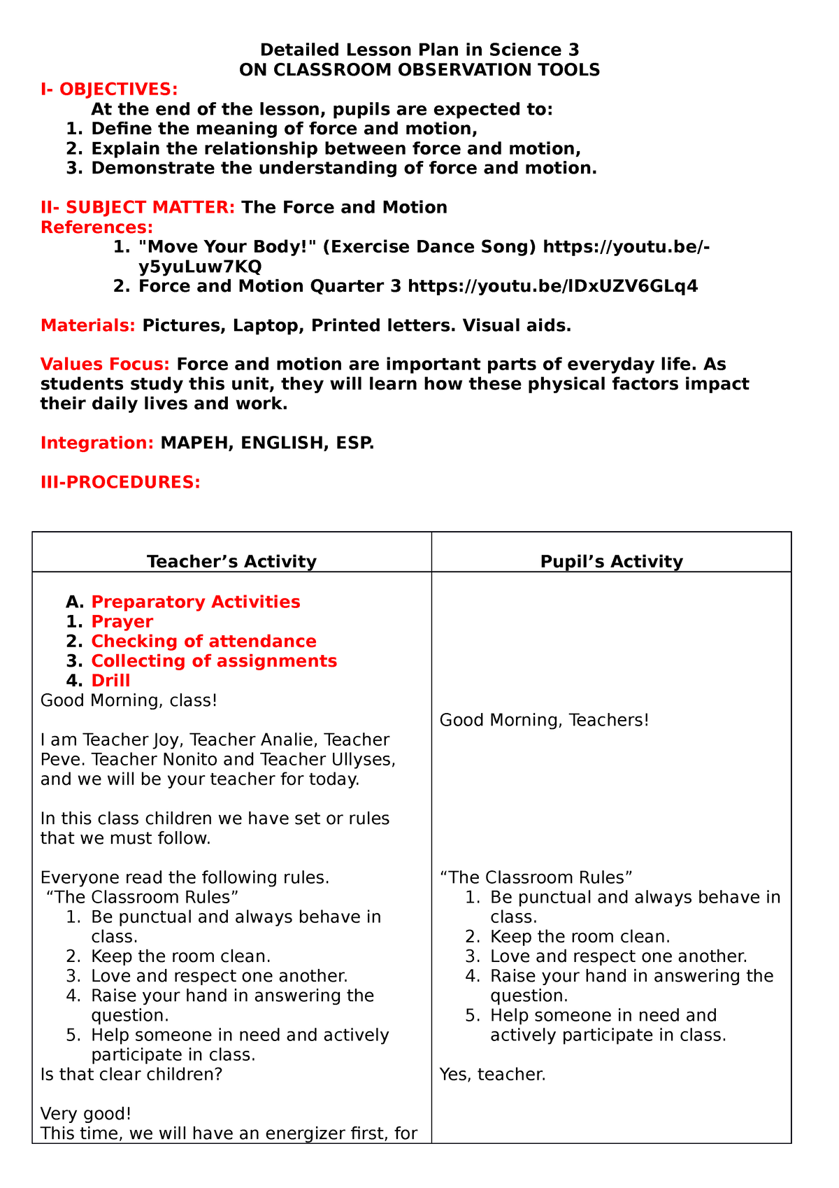 Dlp Force And Motion Be Byeee Detailed Lesson Plan In Science 3 On Classroom Observation 3052