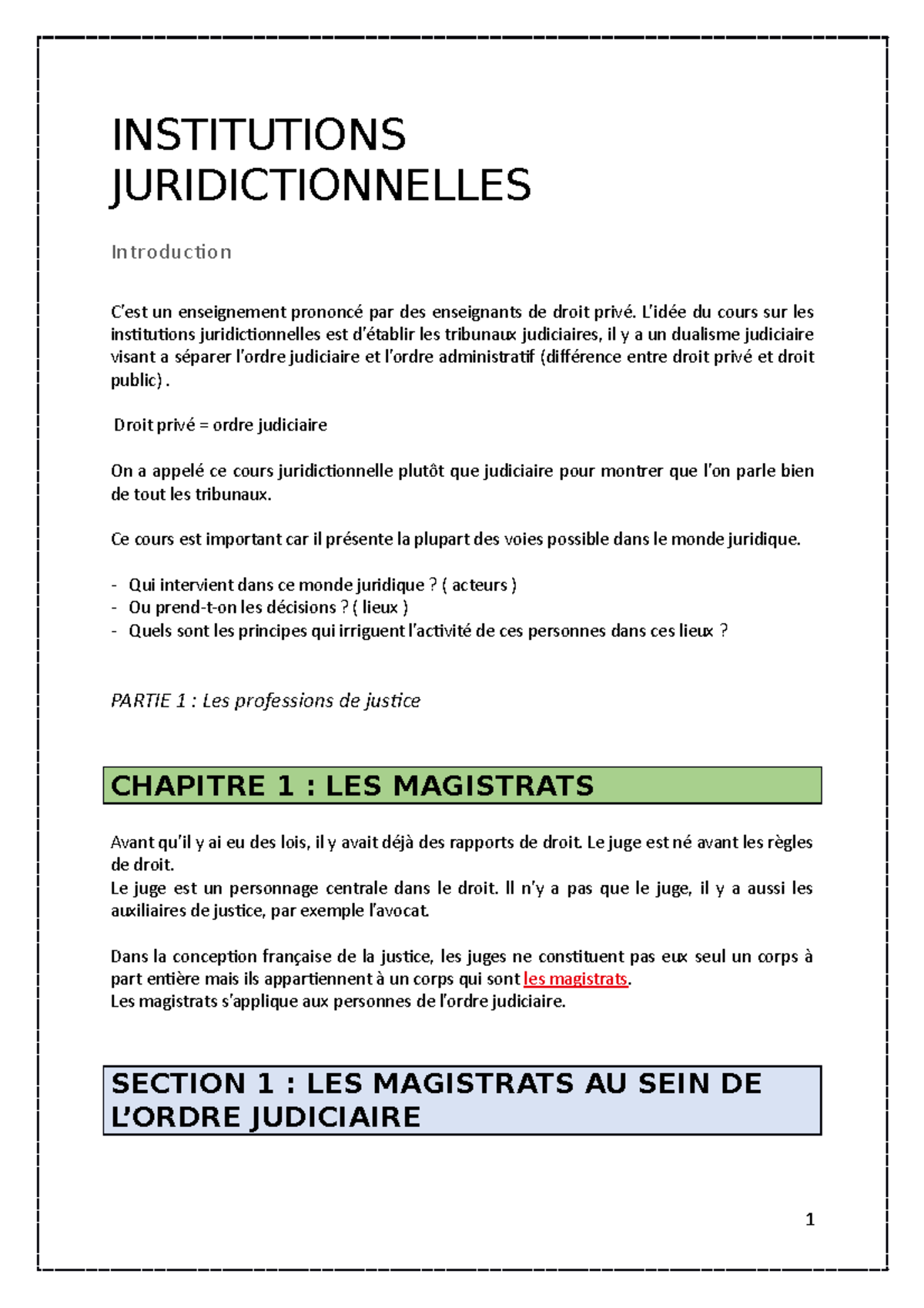 Chapitre 1 LES Magistrats - INSTITUTIONS JURIDICTIONNELLES Introduction ...