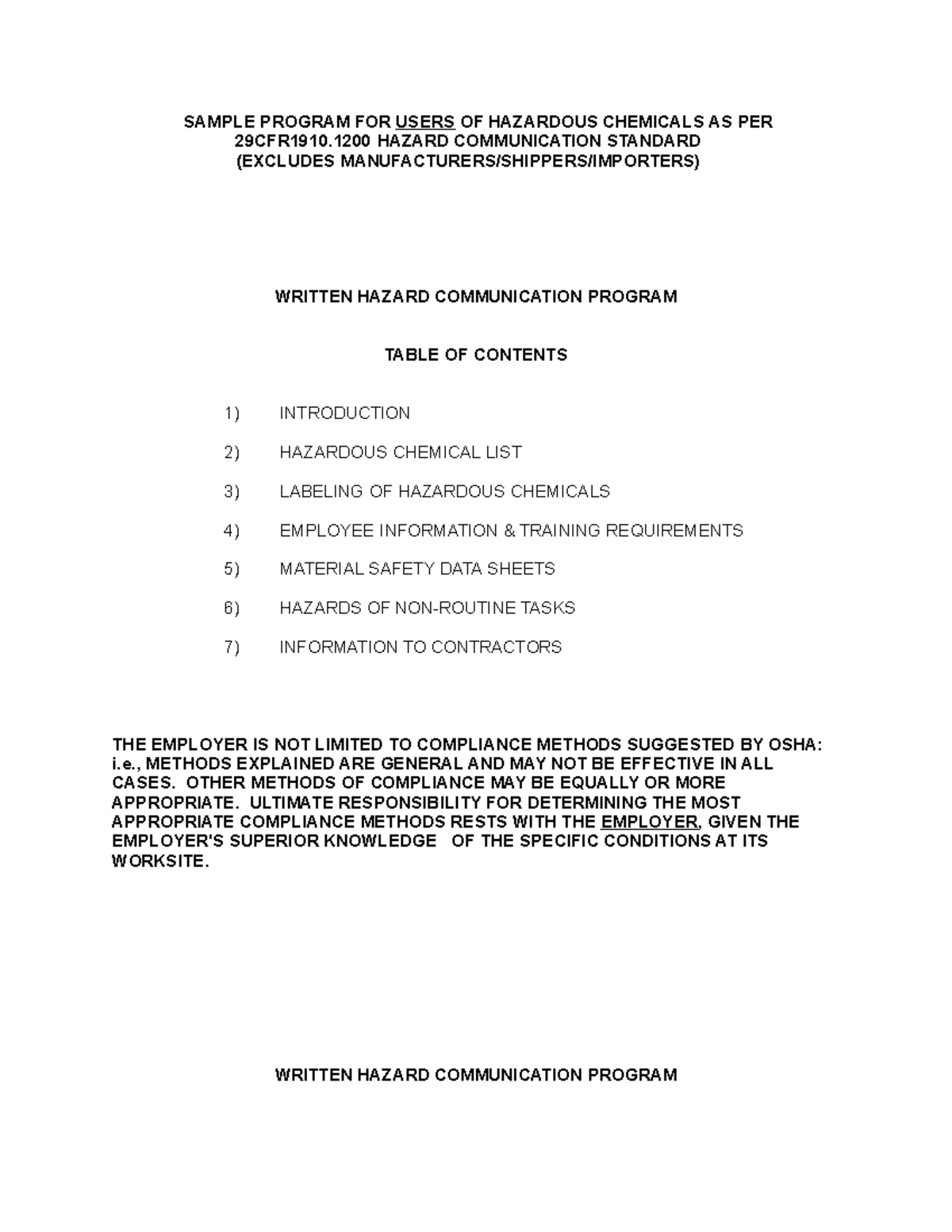 1910.1200 Hazcom Chemical Users - SAMPLE PROGRAM FOR USERS OF HAZARDOUS ...