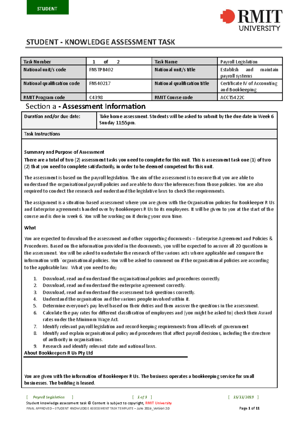 Payroll assignment 1 - STUDENT - KNOWLEDGE ASSESSMENT TASK Task Number ...