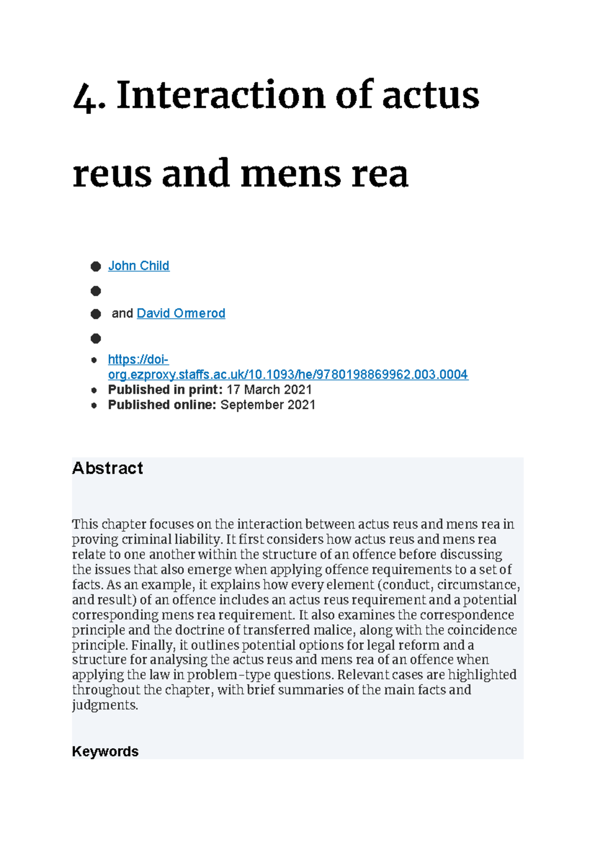 Interaction Of Actus Reus And Mens Rea 4 Interaction Of Actus Reus And Mens Rea John 2481