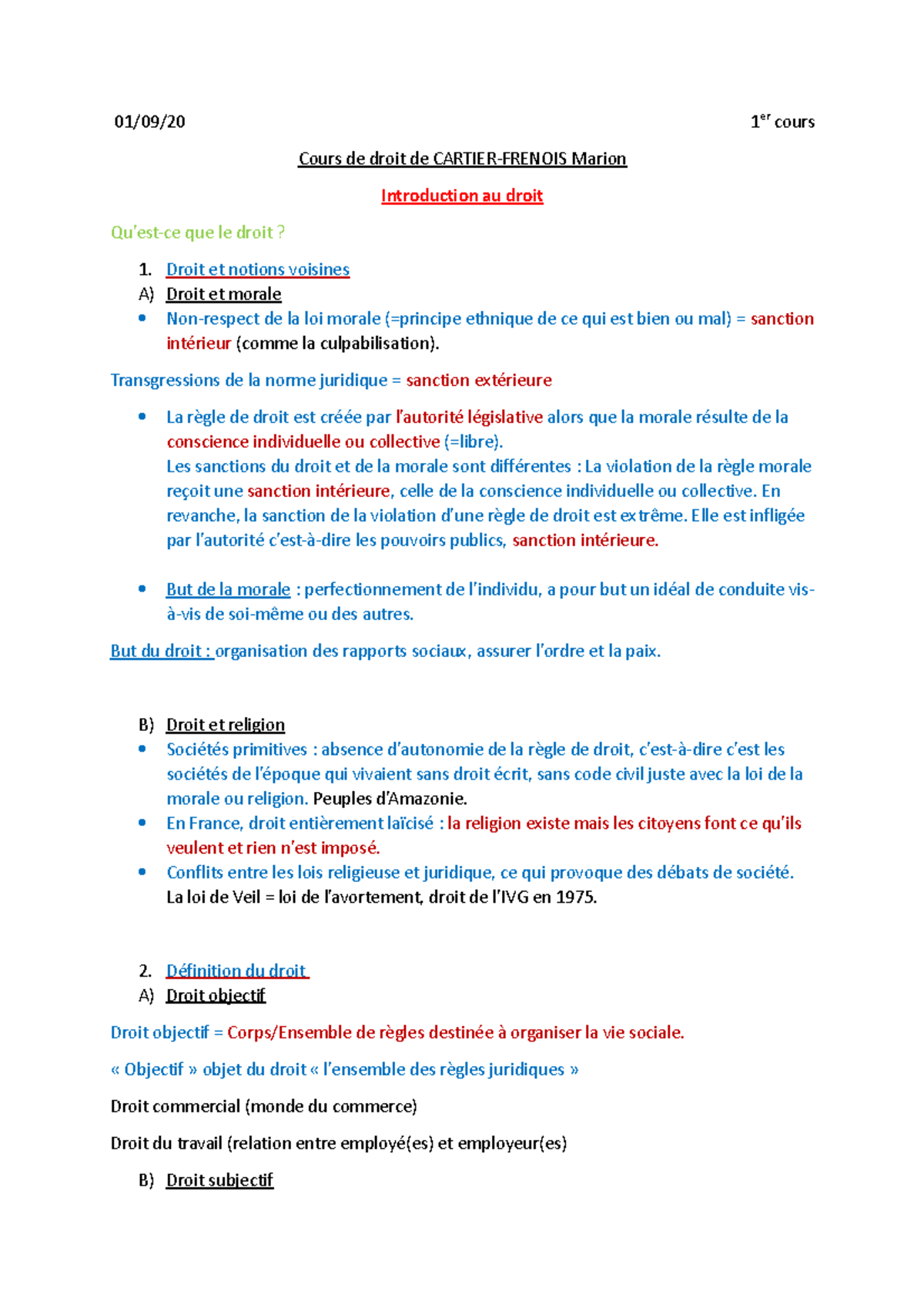 Introduction au droit part 1 à 4 - 01/09/20 1 er cours Cours de droit ...