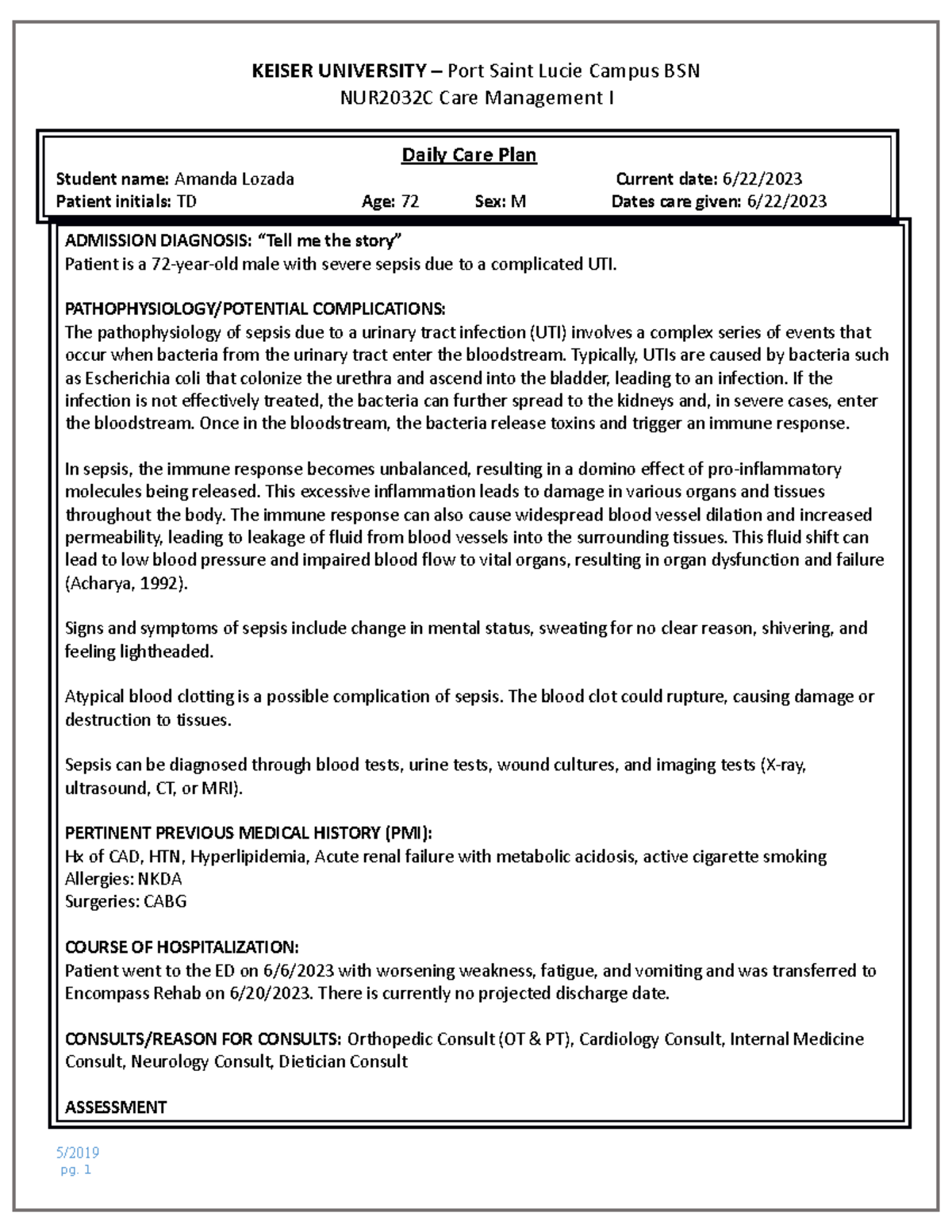 NCP Clinicals Week 2 - NCP - NUR2032C Care Management I Daily Care Plan ...