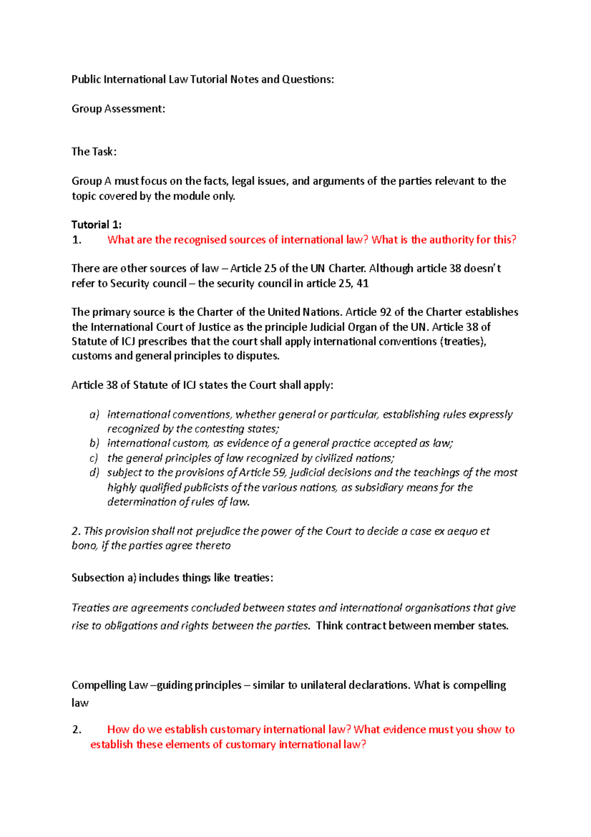 Public International Law Tutorial Notes and Questions - Tutorial 1: 1 ...