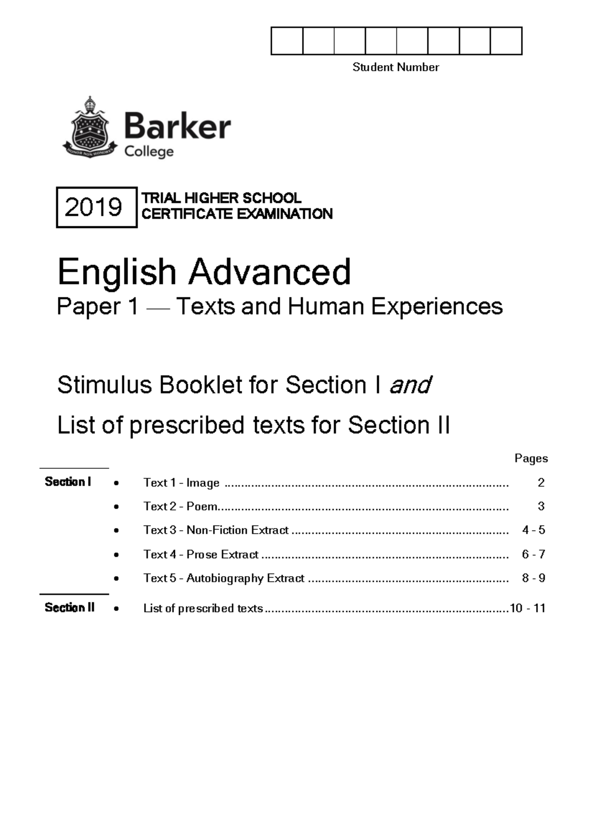 Barker 2019 English Trial Paper 1 English Advanced Paper 1 — Texts and Human Experiences