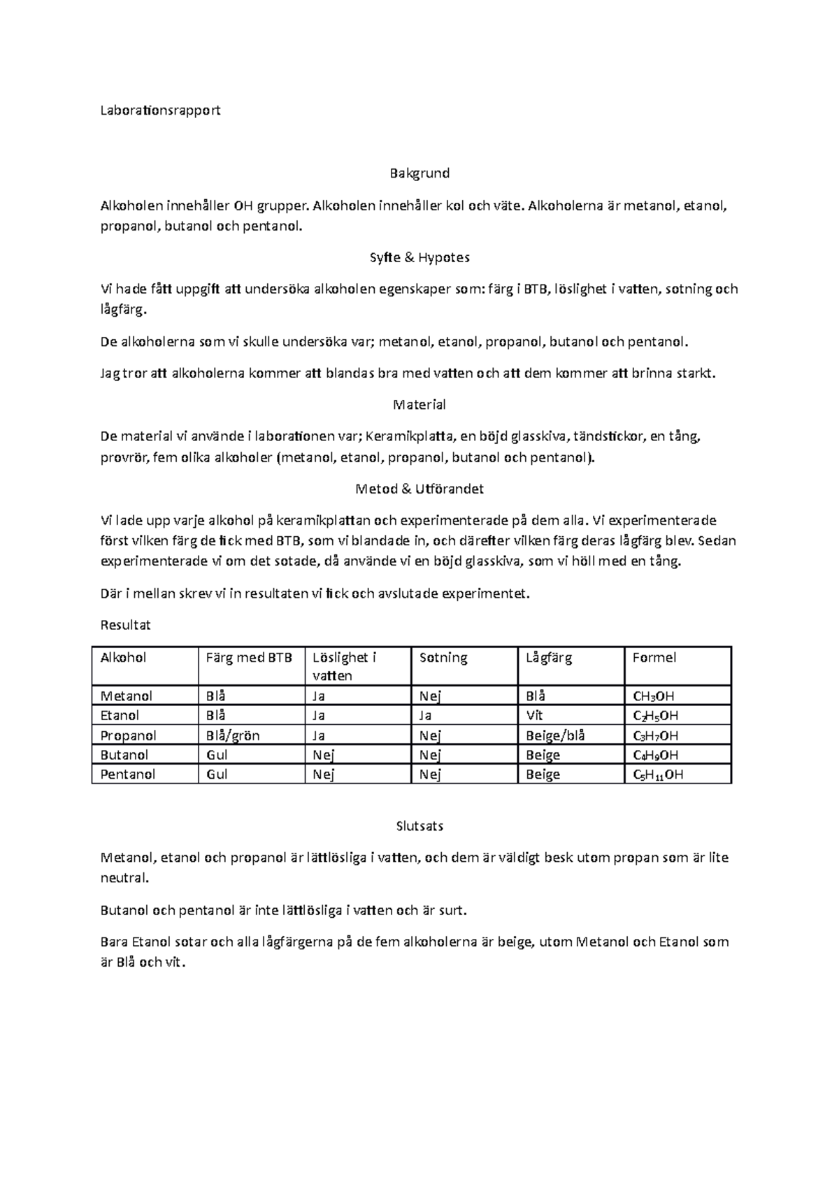 Alkoholens Egenskaper - Om Alkoholen - Laborationsrapport Bakgrund ...