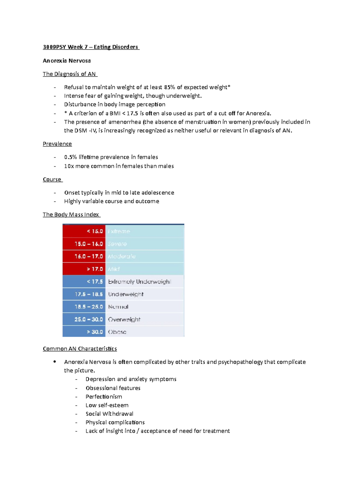 3009PSy Week 7 - Lecture notes - 3009PSY Week 7 – Eating Disorders ...