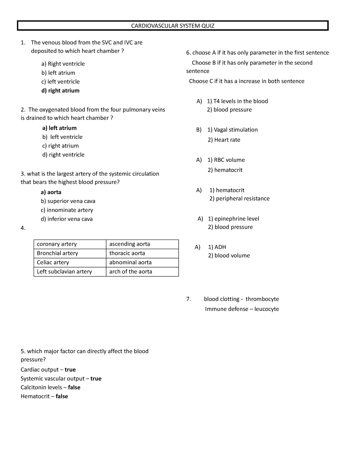 Circulatory - anatomy lecture notes - CARDIOVASCULAR SYSTEM QUIZ The ...