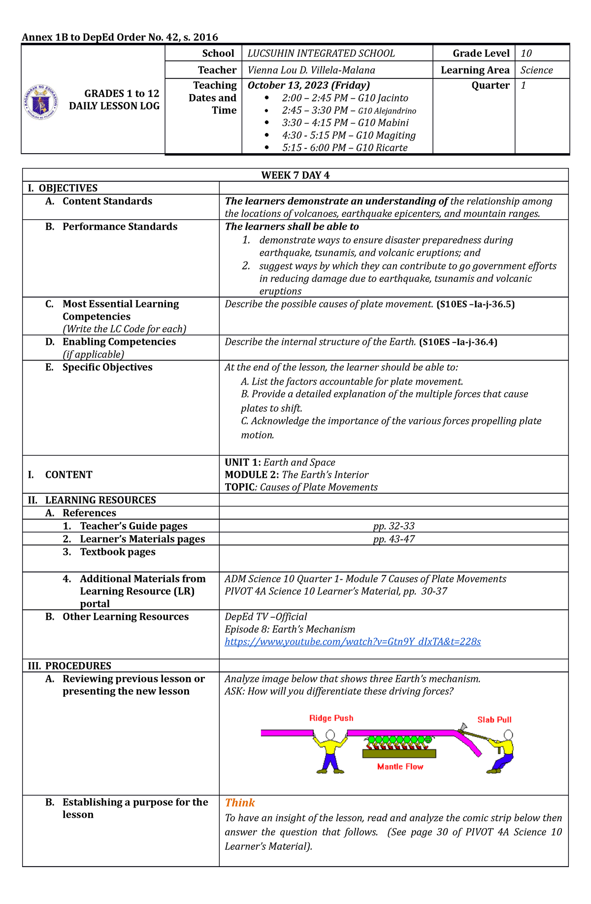 Sample DLL Science G10 Wk7Dy5 - Annex 1B To DepEd Order No. 42, S. 2016 ...