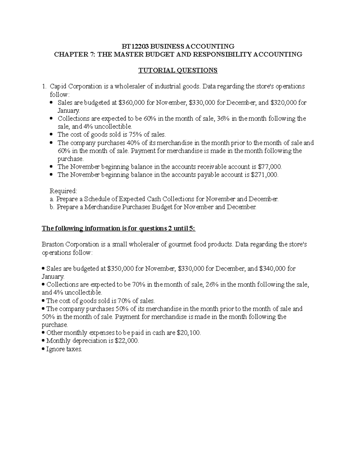 Tutorial Chapter 7 (new) - BT12203 BUSINESS ACCOUNTING CHAPTER 7: THE ...