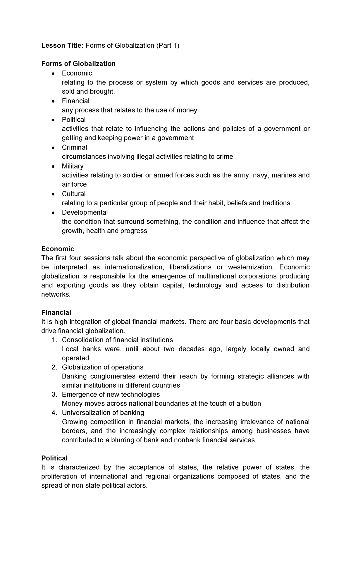 Forms of Globalization (Part 1) - Financial any process that relates to ...