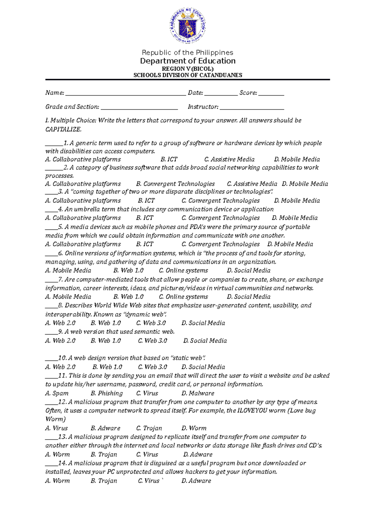 Pre-test E-Tech - Reviewer for E-Tech - Department of Education REGION ...