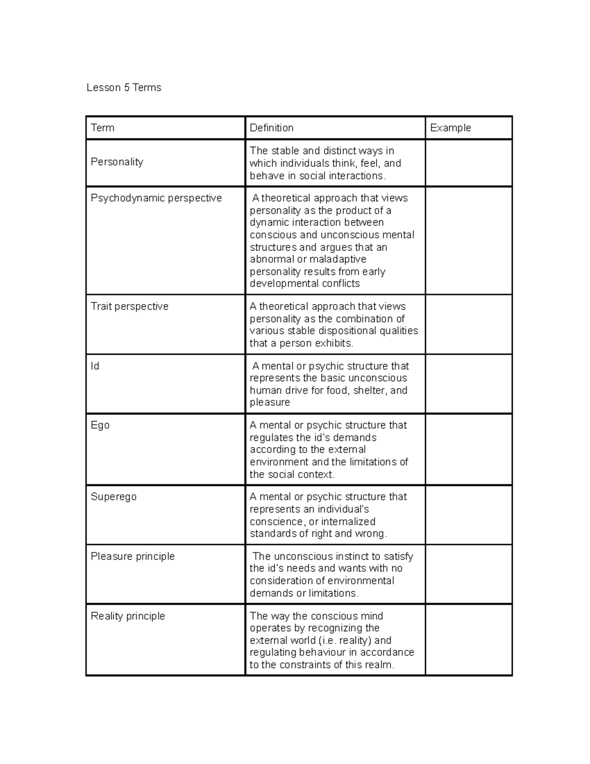 assignment 9 defined terms definitions