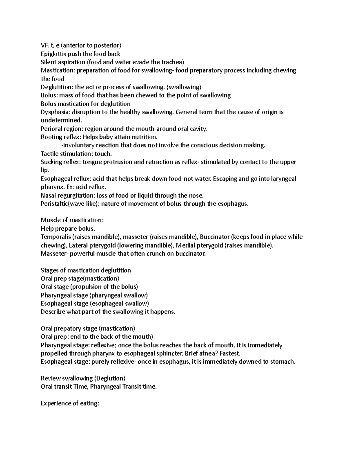 10-12 Swallowing - Notes - VF, t, e (anterior to posterior) Epiglottis ...