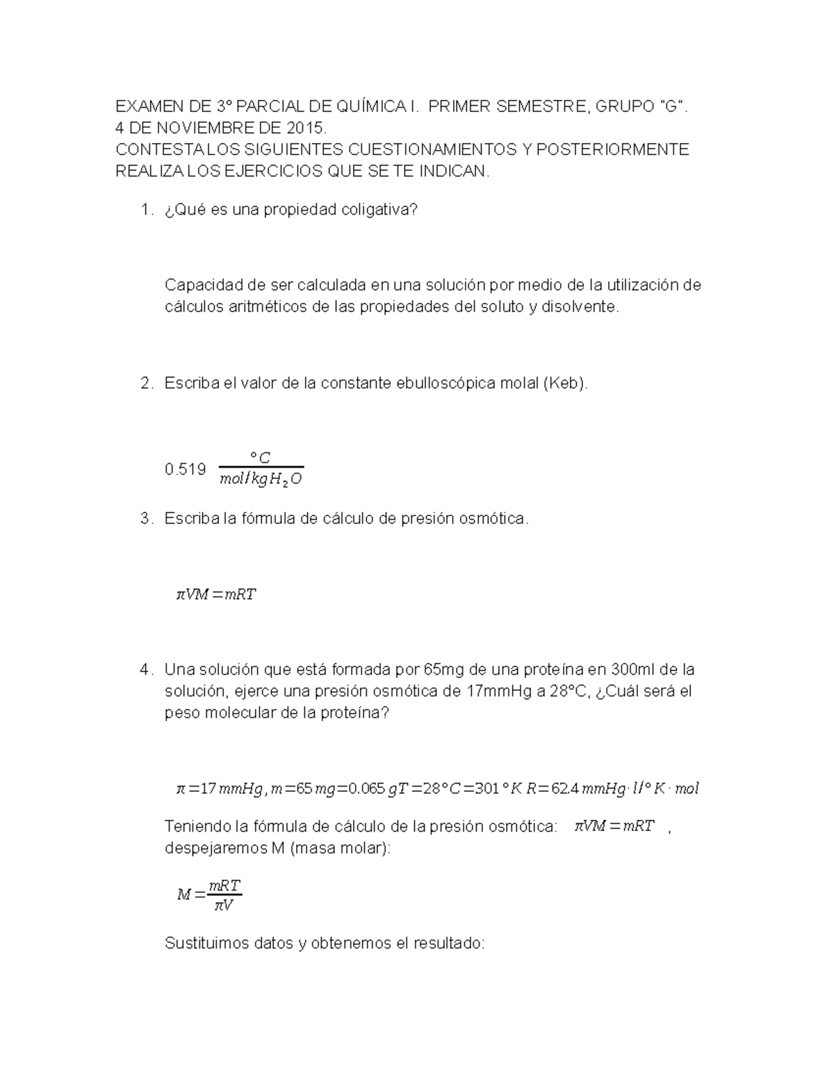 Examen De Química Cálculos Examen De 3° Parcial De QuÍmica I Primer Semestre Grupo “g” 4