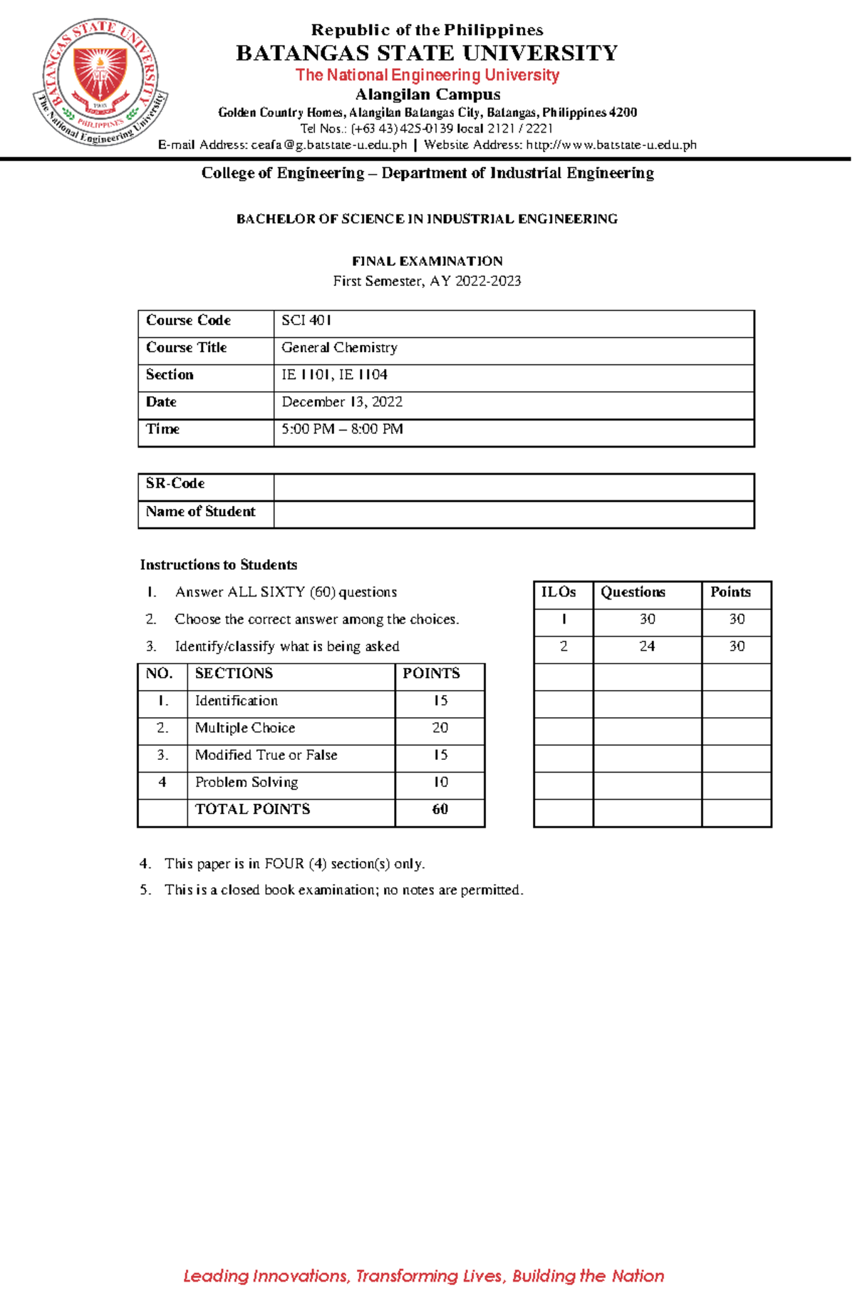 SCIE-401 Final-Exam IE1101 IE1104 Part I - Republic of the Philippines ...