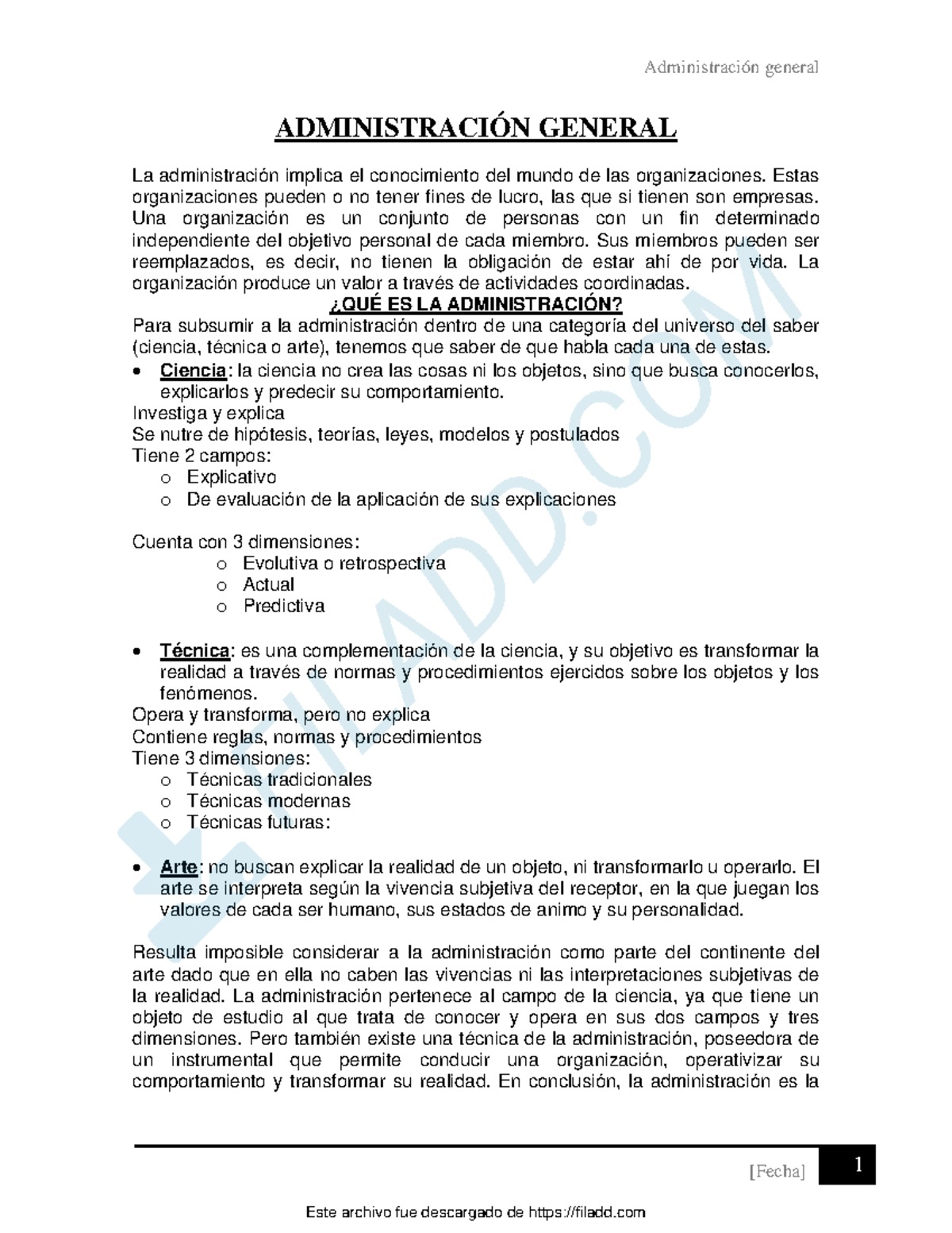 Administracion General Resumen - [Fecha] 1 ADMINISTRACIÓN GENERAL La ...