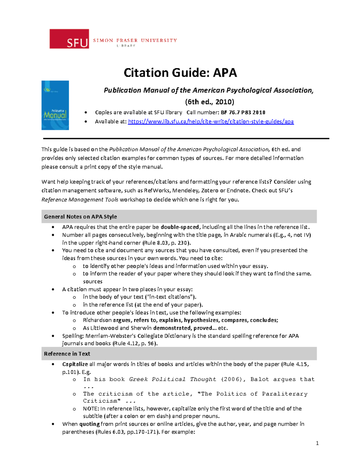 APA 6 Citation Guide SFU 4 - Citation Guide: APA This guide is based on ...