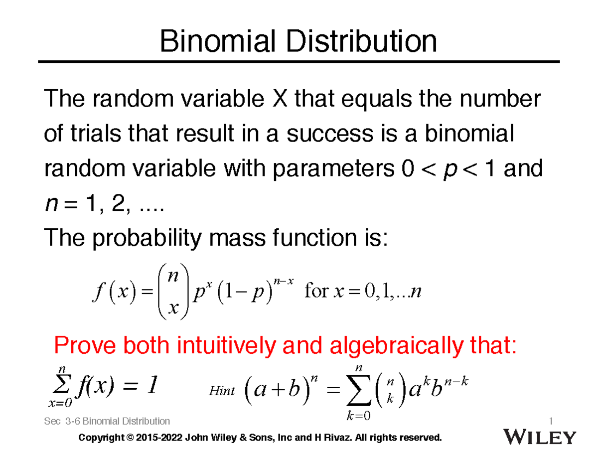 W04 1 Ch03 Binom Geom Neg Binom - ####### Binomial Distribution The ...