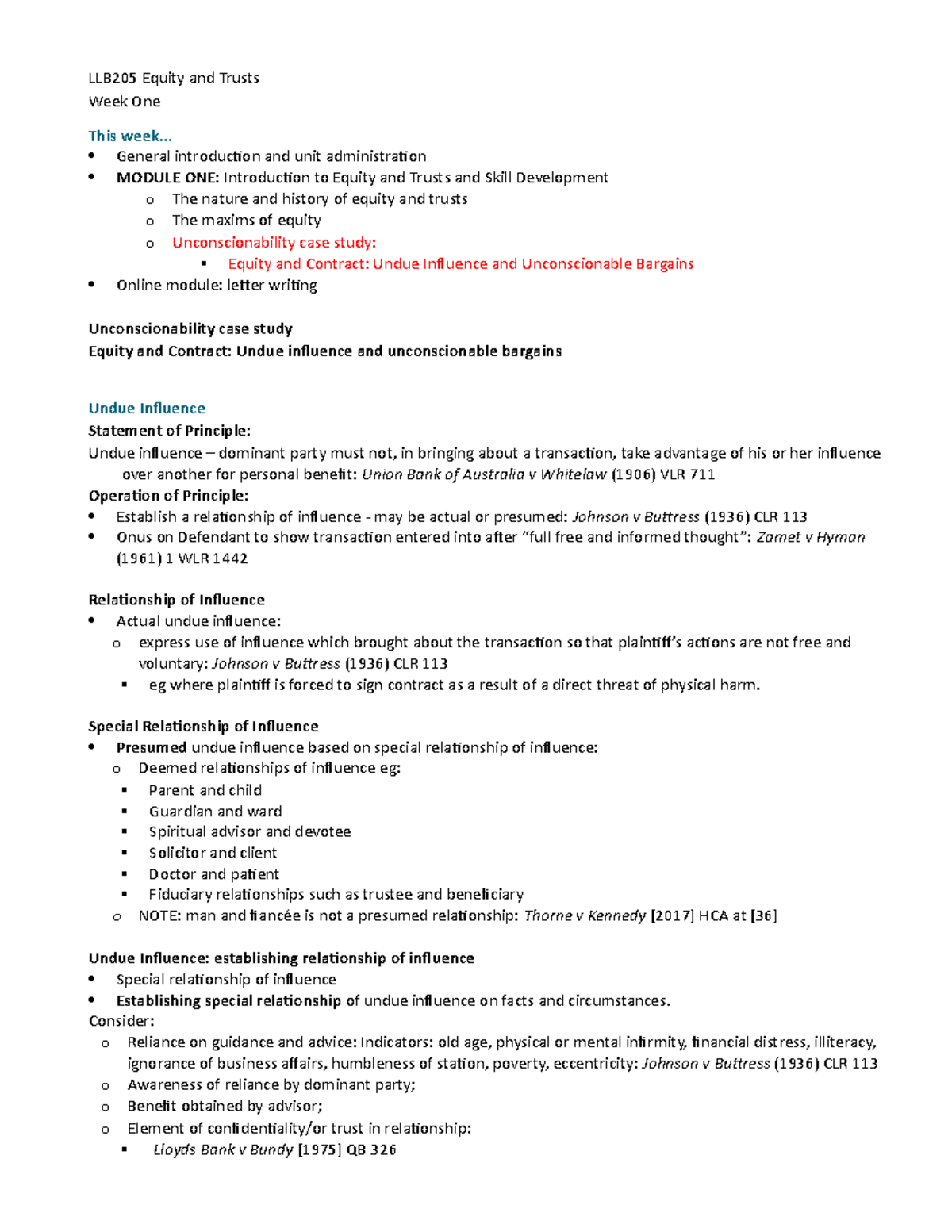 WK 1 'Unconscionability' Case studies - LLB205 Equity and Trusts Week ...