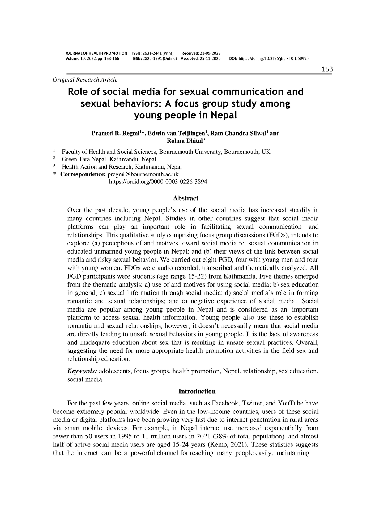 Role Of Social Media For Sexual Communication And Journal Of Health Promotion Issn 2631 