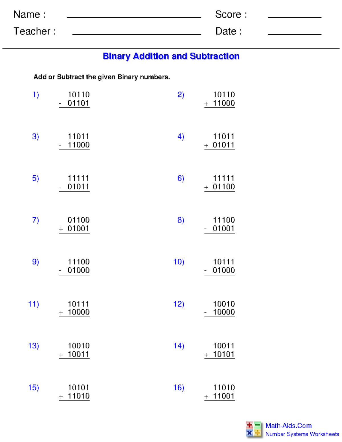 416557863 Binary System Exercises Addition - Name : Teacher : Date ...