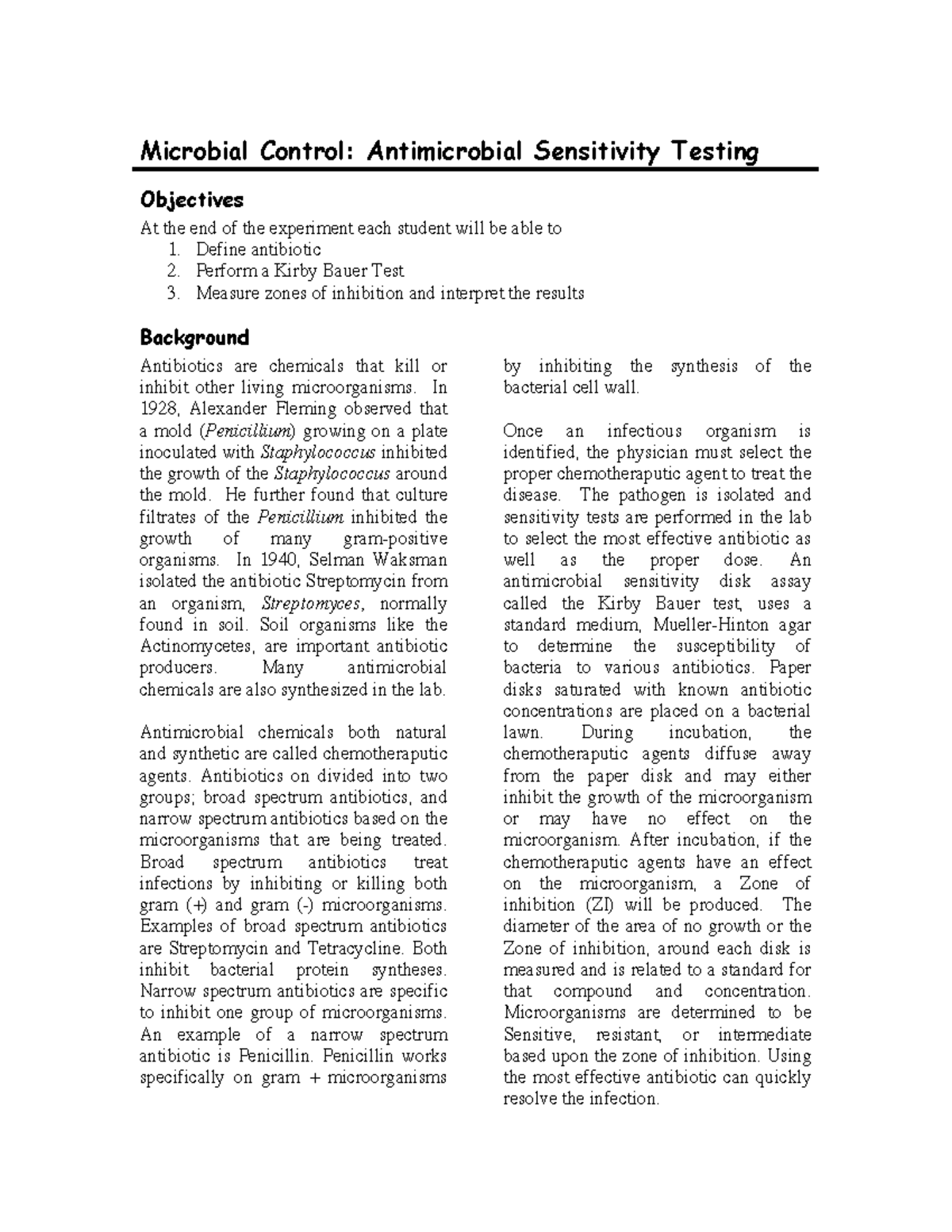 Kirbybauer - lab - Microbial Control: Antimicrobial Sensitivity Testing ...