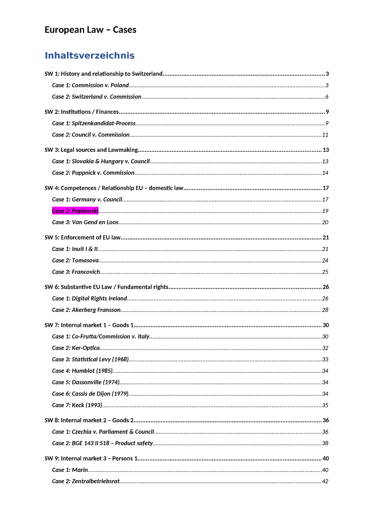 European Law Cases Final - European Law – Cases SW 1: History And ...