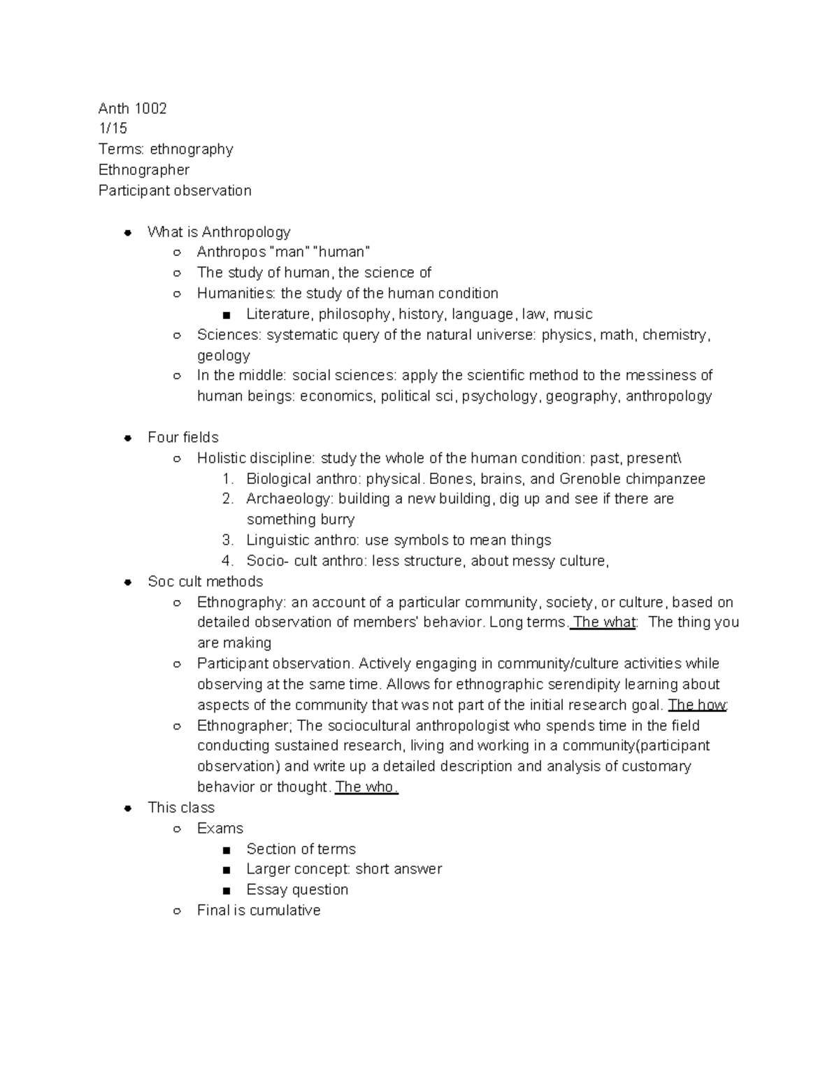 Anth 1002 lecture notes - Anth 1002 1/ Terms: ethnography Ethnographer ...
