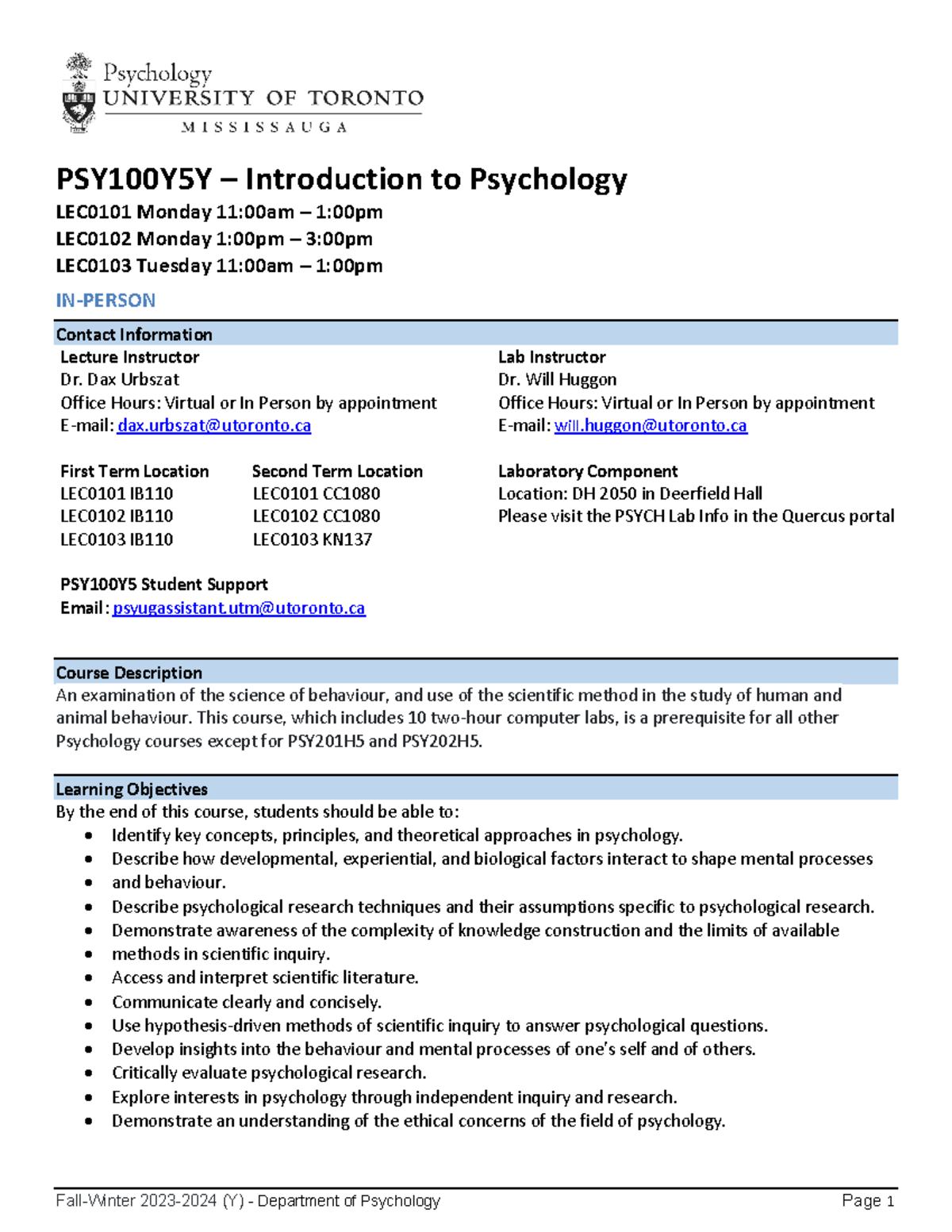 PSY100 outline 2023 24 2 - PSY100Y5Y – Introduction to Psychology ...