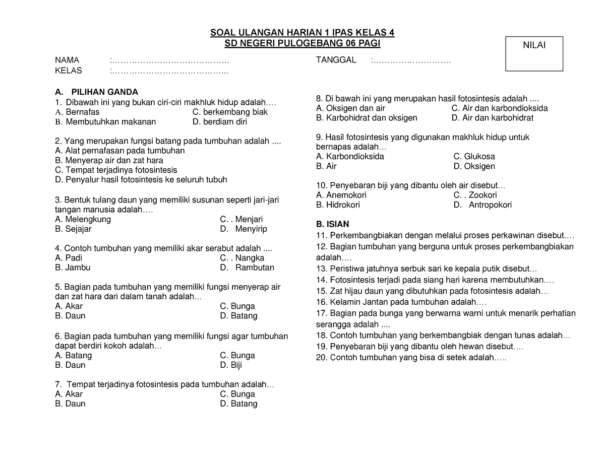 SOAL UH 1 IPAS Tumbuhan Dan Fotosintesis - SOAL ULANGAN HARIAN 1 IPAS ...