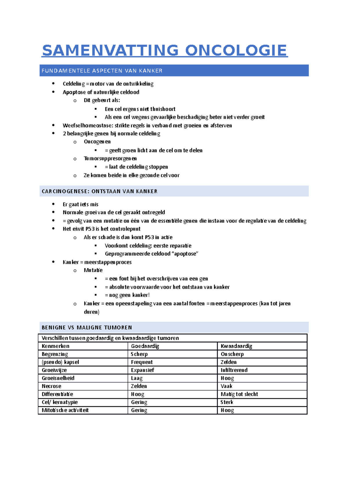 Samenvatting Oncologie - SAMENVATTING ONCOLOGIE FUNDAMENTELE ASPECTEN ...