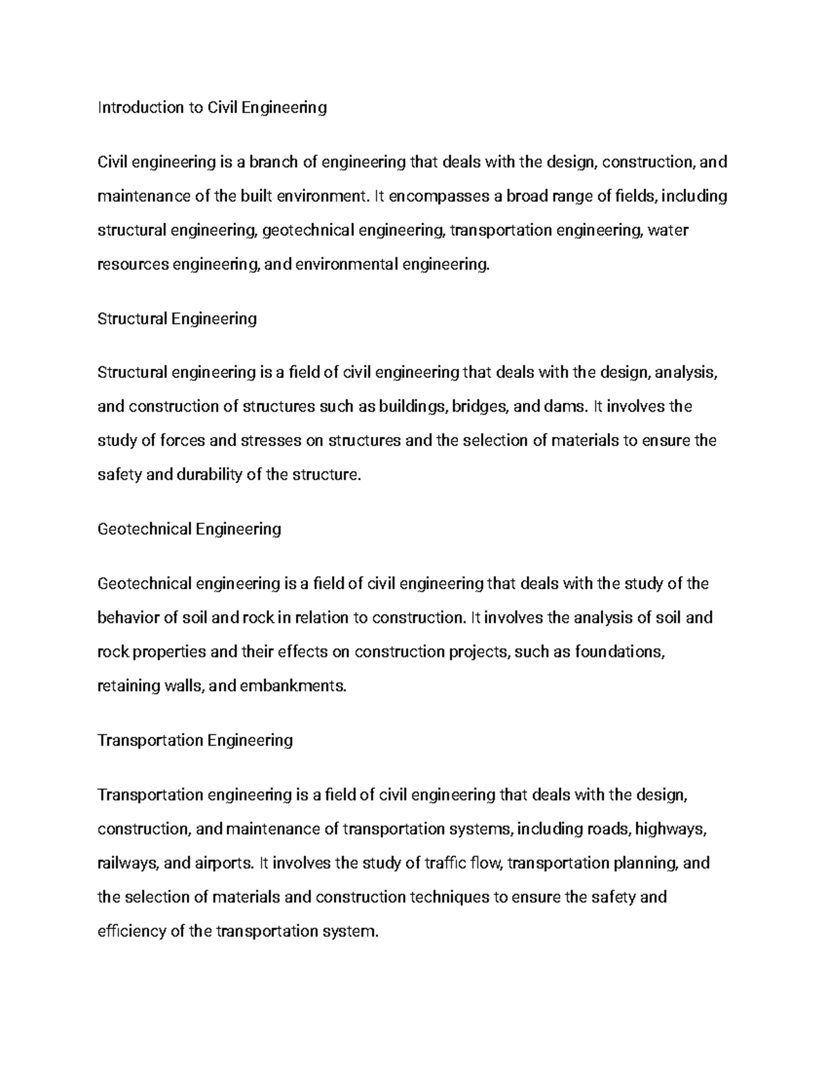 Introduction to Civil Engineering - It encompasses a broad range of ...