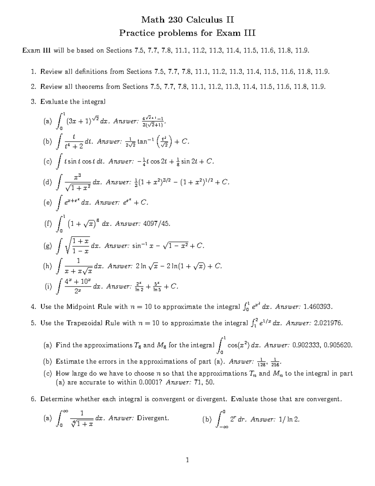 Math230-exam-3 - Power Rule practice - Math 230 Calculus II Practice ...